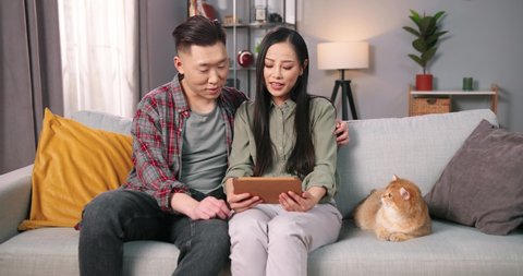 Happy smiling lovely Asian young married couple husband and wife sit on sofa in modern house with cute cat pet tapping, browsing online on tablet device and chatting in good mood, leisure concept