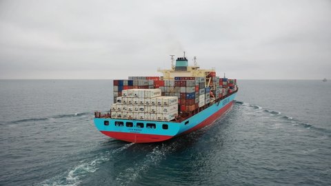 BLACKSEA - CIRCA 2020: Container ship heading Black Sea. Five crew members of Lexa Maersk among them Captain who haven been infected with coronavirus were transferred in morning of May 18. Drone shot
