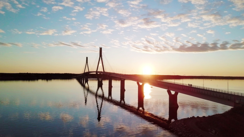 Aerial view of Replot Bridge of Finland, Connecting the island of Replot with the mainland in Korsholm, Sunset