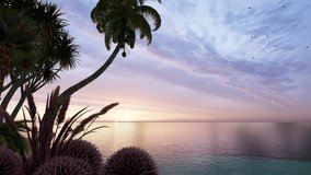 4K. Romantic colorful sunset at the sea. The sun touches horizon. Hawaii sundown beach amazing view. Summer tropical sunset or sundown over the sea landscape. Cloud and waves.