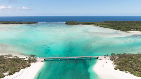 Aerial drone view of the Mouli bridge in Ouvea in New Caledonia, Clear blue water. High-quality 4k footage. Tourism.