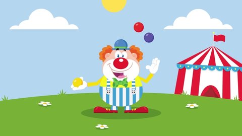 Funny Clown Cartoon Character Juggling With Balls. 4K Animation Video Motion Graphics With Landscape Background 