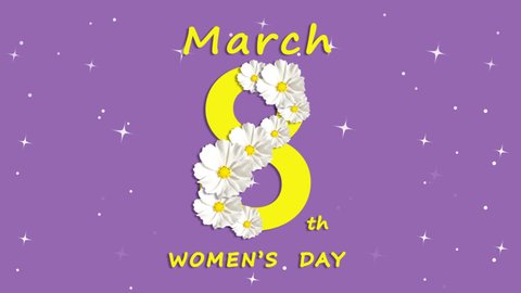 March 8th women's day purple greeting card with white flowers animation