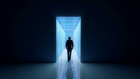 Front view of Person go to the illuminated color neon tunnel with blue lights. 4K Animation - Powered by Shutterstock - Get 15% off with code: PIKWIZARD15
