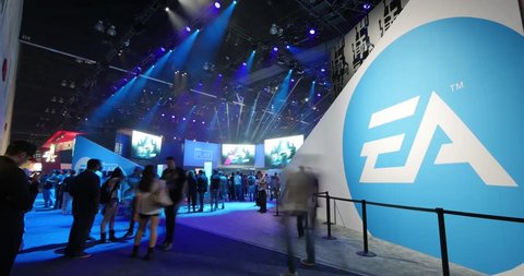 LOS ANGELES - June 16, 2015: Electronic Arts booth at the E3 2015 expo in Convention Center. Electronic Entertainment Expo, commonly known as E3, is an annual trade fair for the video game industry.