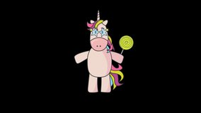 Cute magical unicorn in glasses with lollipop. Cartoon character for children's animation.
Animated 4K video without background.