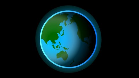 Earth rotating. Repeating cycle flat animation. Formation of the day night. Blue green world rotates. Atmosphere of the glowing, turning globe. Transparent alpha channel space background. Clean video