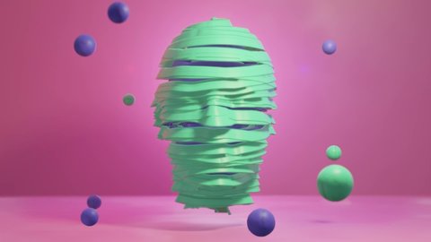 3D Head Unwrapping threads slowly in pantone blue and green colors with colorful balls floating around HD Render