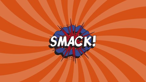 Word 'SMACK!' in retro comics speech bubble with halftone dotted shadow on an animated orange background