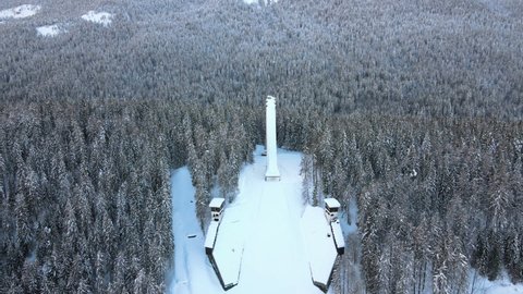 Drone snowy view of Cortina d'Ampezzo trampoline 