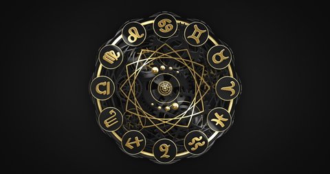 Handmade gold zodiac clock in close-up zoom. And the second part as an endless loop of rotating zodiac signs. Two parts in one 4k video.	