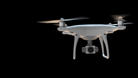 Drone isolated on the black background hovers and moves. 4K animated 3d video of isolated Drone with its alpha perfect for any use.