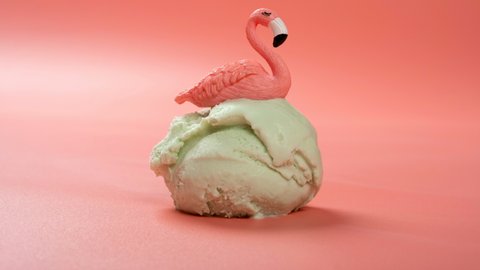 side view hami melon flavor ice cream ball melting timelapse with a flamingo on top on a pink background at 8K resolution