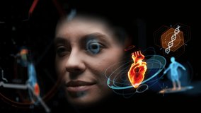 Close-up Medical Female which Analyzing Process Hi Tech Diagnostic Research in AR. Concept Future of Tech Scan of Disease in Scientific Diagram UI Elements. Sci-fi Ai Portrait of Person with Cyber HUD - Powered by Shutterstock - Get 15% off with code: PIKWIZARD15