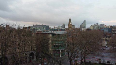 Liverpool , Merseyside , United Kingdom (UK) - 01 18 2021: Liverpool empty city skyline landmark park streets during corona virus pandemic dolly right