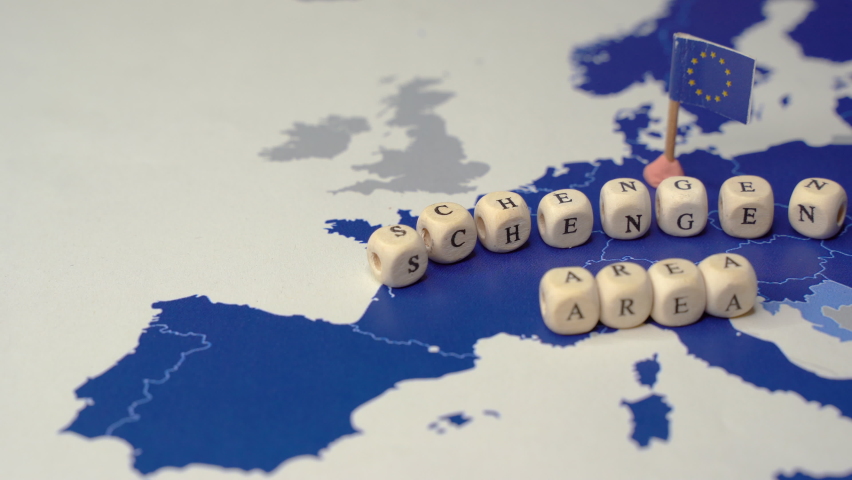 Schengen area message over a Map of the of the 26 countries that compose the Schengen Zone . Concept of ETIAS or European Travel Information and Authorisation System. Expected to enter into operation Royalty-Free Stock Footage #1067993750