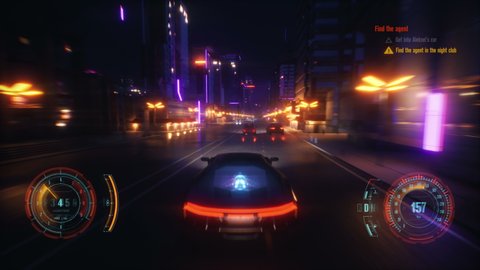 Cyber racing fake game with HUD. Cyberpunk style city