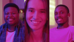 Portrait multiscreen group beautiful people at home in neon light illumination look at camera sitting on sofa . African ethnicity. Technology indoor. Slow motion - Powered by Shutterstock - Get 15% off with code: PIKWIZARD15