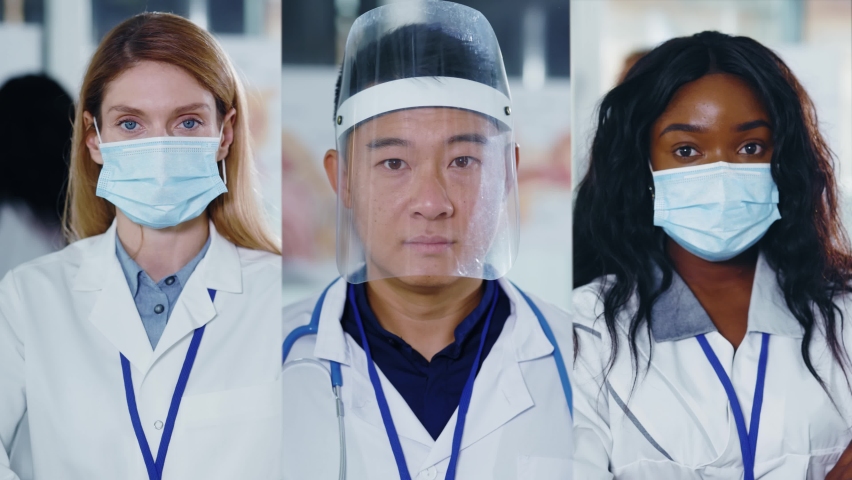 Close up mixed-races doctors look at camera with medical mask in hospital. Multiscreen group portrait. Collage split screen. Worker portrait multi ethnic colleagues. Slow motion | Shutterstock HD Video #1067995961