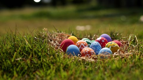 Easter eggs on green grass background, Dolly shot. Camera moving through colorful easter eggs in nest on fresh green grass in morning.