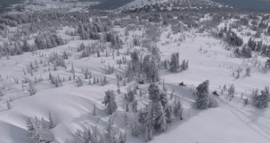 a group of snowmobilers and a snow bike moto. Aerial view of a snowmobile that rides in the middle of a fabulous snowy forest. sport event. Winter fun moto extreme. 4K ProRes 422 HQ