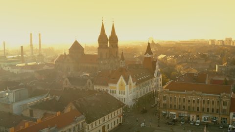 Aerial view of the Millennium Church with old and new buildings in Timisoara city - Romania; CCA. 2020 - during the COVID-19 pandemic.