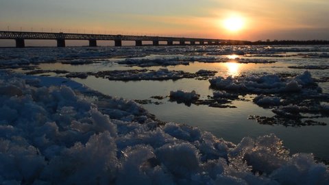 Ice drift on the Amur river.  Amur bridge, Trans Siberian railway. Khabarovsk, far East, Russia.