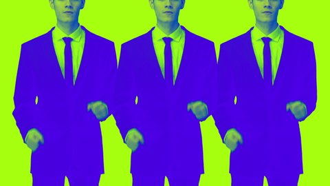 Animation of businessman cloned running against white background with overlayed colour distortion effects