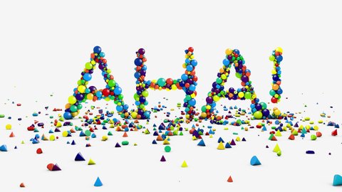 Motion graphics, 4k 3d animation. Aha moment. Fountain of toy blocks, cones, spheres and cubes, popular word construction
