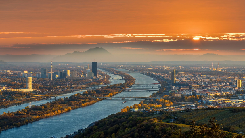 Vienna skyline aerial view time lapse, beautiful sunset over city vienna austria time lapse from day to night.