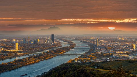 Vienna skyline aerial view time lapse, beautiful sunset over city vienna austria time lapse from day to night.