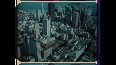 1980s San Francisco, CA. Aerial View of San Francisco Financial District. 4K Overscan of Vintage Archival 16mm Film Print. 