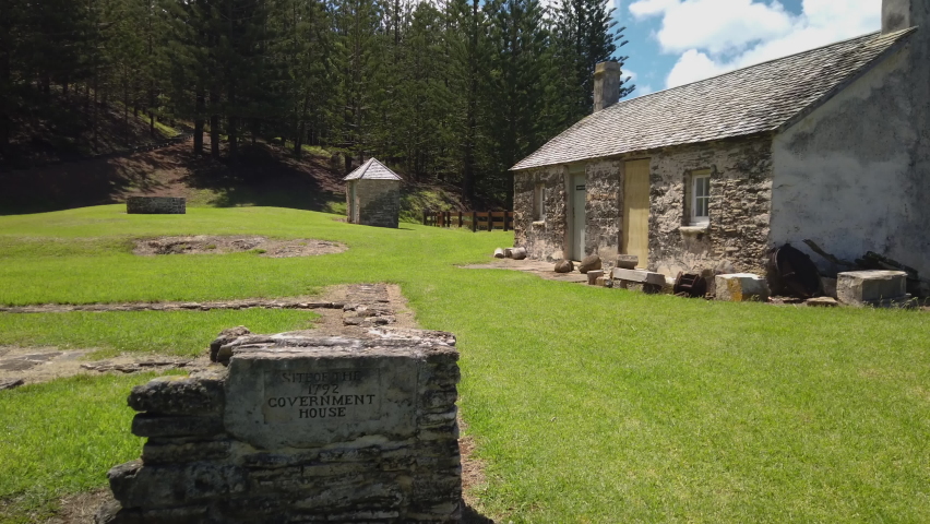 Left to right tilt pan of the old Government house bakehouse, where bread was made during settlement of the prison at Kingston, Norfolk Island, Australia
