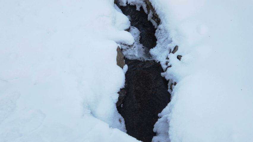 small stream is flowing under the ice, closeup of river with ice in spring
