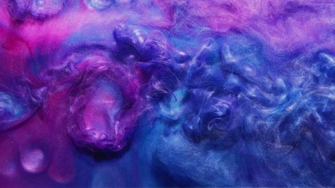 Color splash. Ink mix in water. Fantasy cloud. Fairy dream. Bright blue magenta pink glitter mist explosion animation abstract art background.
