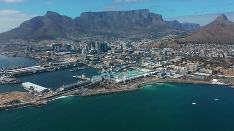 Aerial view flying towards the city of Cape Town with Table Mountain.