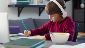 Handheld video of boy doing homework during breakfast. Shot with RED helium camera in 8K.