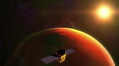 Mars mission probe moving front of mars planet