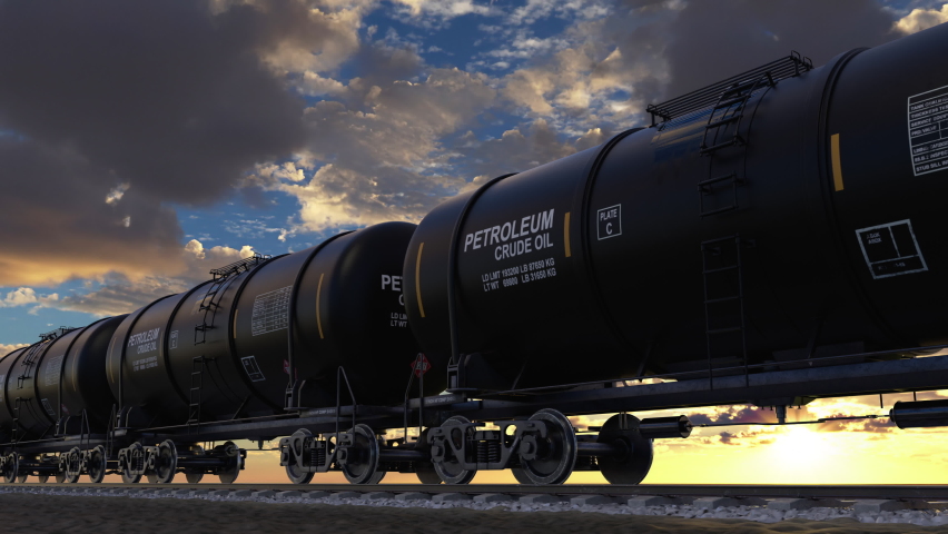 Petroleum transportation in the oil tank wagon by the freight train via railroad. Crude oil and diesel fuel soldes for export and delivering on rails. Black cisterns against sunset sky, 3d animation.