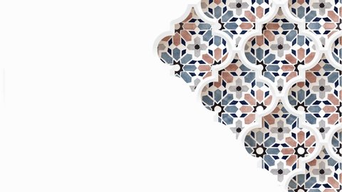 Moving blue, brown arabic pattern with geometric stars. Arabesque through white silhouette of ornamental window. White background. Ramadan, Eid ul Adha graphic animation, loopable Islamic design.