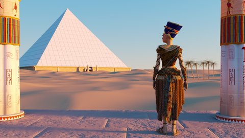 Queen Nefertiti admires the pyramids and desert views from the ancient temple. Historical animation. The Great Pyramids In Giza Valley, Cairo, Egypt