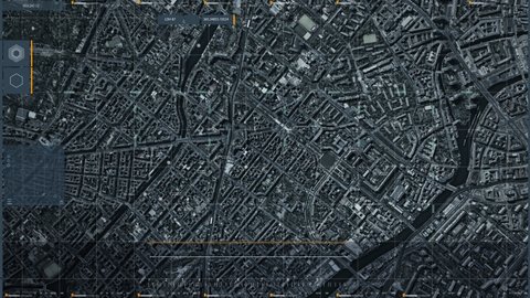 Satellite Camera Scan Map in Berlin, Germany. Object Found. Radar. Modern Spy Technology, Computer User Interface Screen. City Map. Surveillance secret system. Global scan. Drones coming to Base.