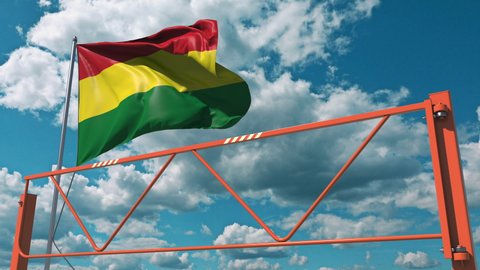 Flag of Bolivia and swing arm barrier. Entry ban conceptual 3d animation