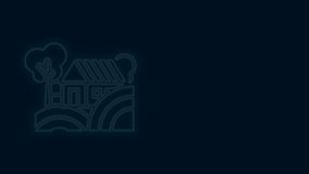 Glowing neon line Farm House concept icon isolated on black background. Rustic farm landscape. 4K Video motion graphic animation.