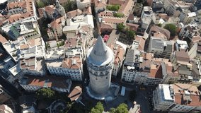 A bird eye view of recently renovated Galata Tower in Istanbul by drone