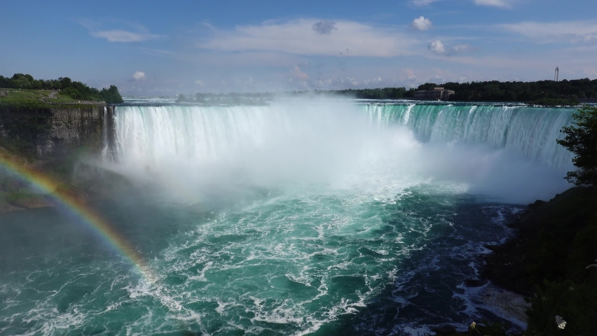Beautiful Niagara Falls on a sunny day with mist and rainbow. Green Niagara river against blue sky. Stunning wide-shot waterfall scene. Famous tourist landmark. Royalty-Free Stock Footage #1068054023