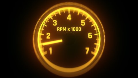 Neon lit rpm gauge tachometer increasing turns, car dashboard, acceleration. Driver shifting gears, dashboard