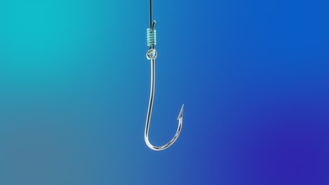 Fishing hook on blue background, phishing concept, financial fraud, data theft. Phishing attack, user data, credentials theft