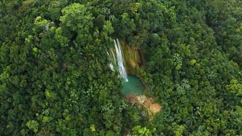 Samana natural nature of the Dominican Republic 4k video stock footage. A beautiful waterfall in the mountains surrounded by large green trees.