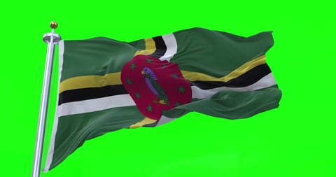 4K 3D Illustration of the waving flag on a pole of country Dominica flag with Green Screen Chroma Key.